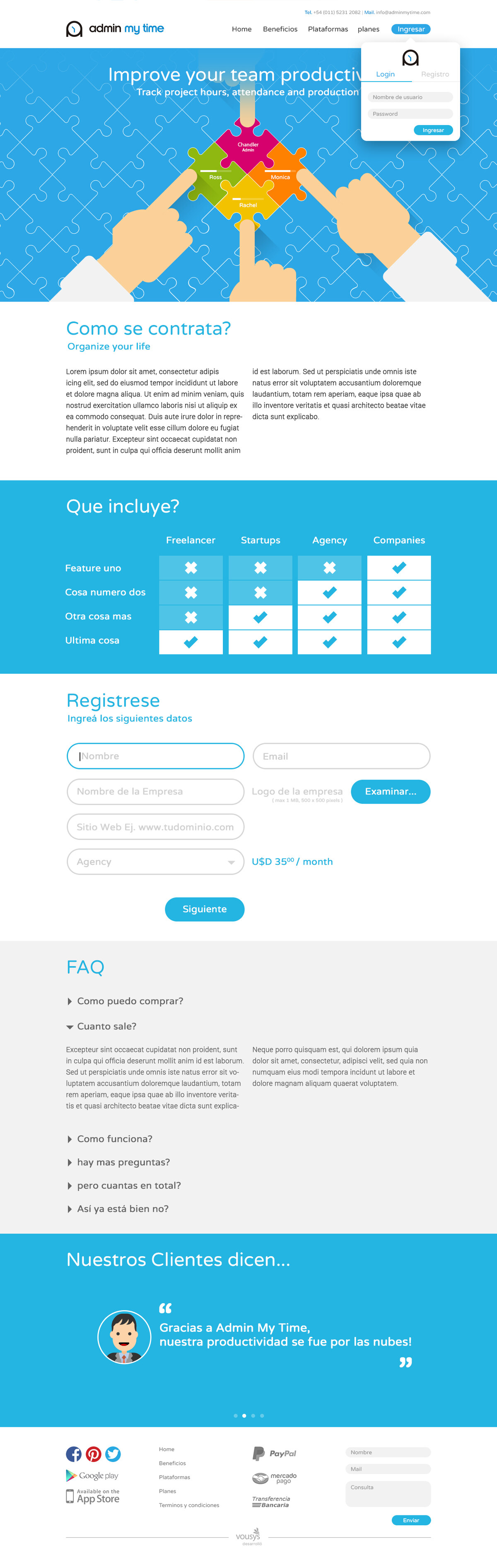 Admin My Time marketing landing page, with a hero section, pricing comparison, sign-up form, FAQ, and testimonials
