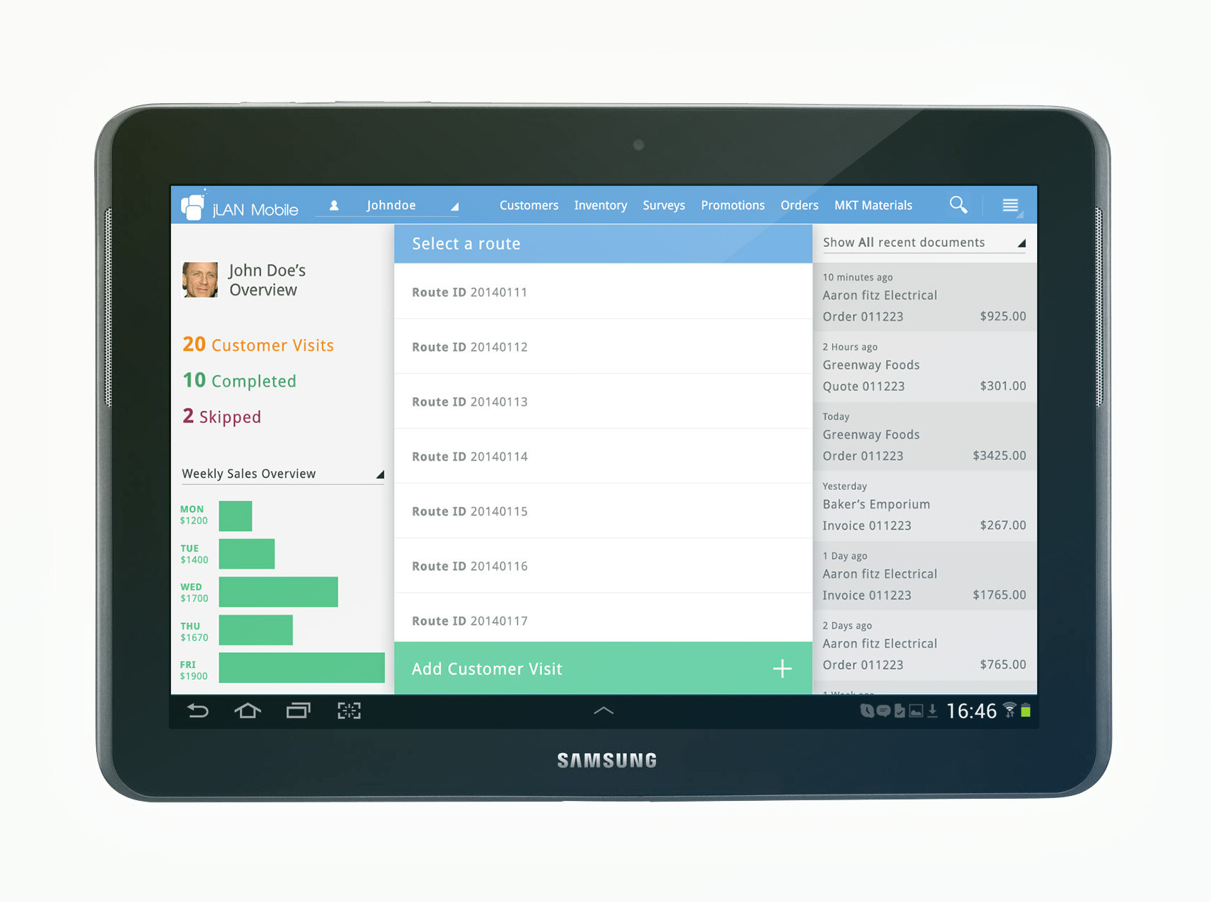 jLan dashboard showing a sales rep's weekly overview, customer visits, and completed stops