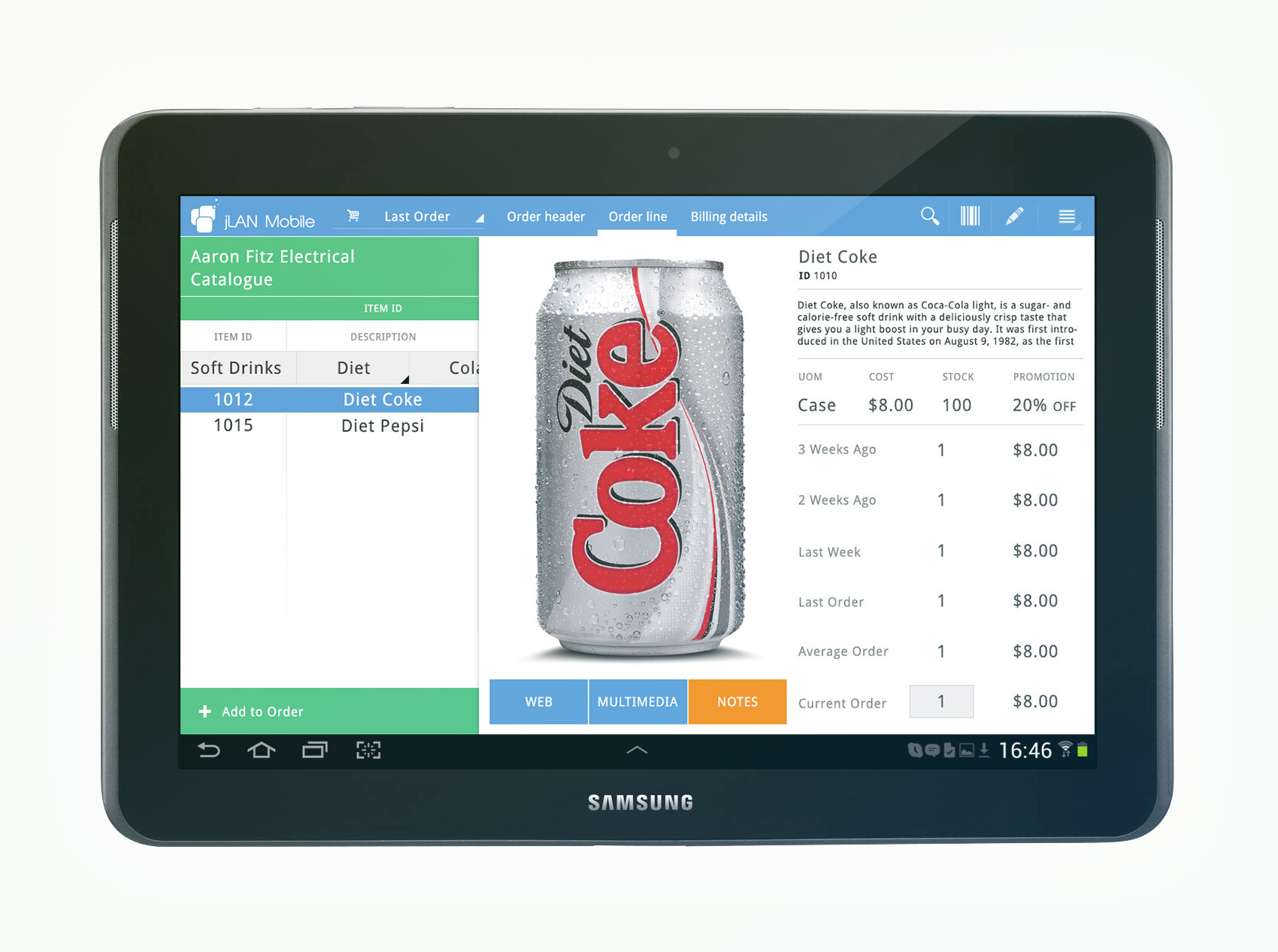 jLan order line detail for Diet Coke, with product photo, pricing tiers, and order history