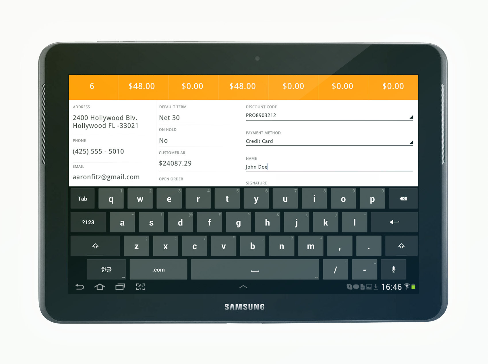 jLan billing screen with an on-screen keyboard for entering payment and invoice details
