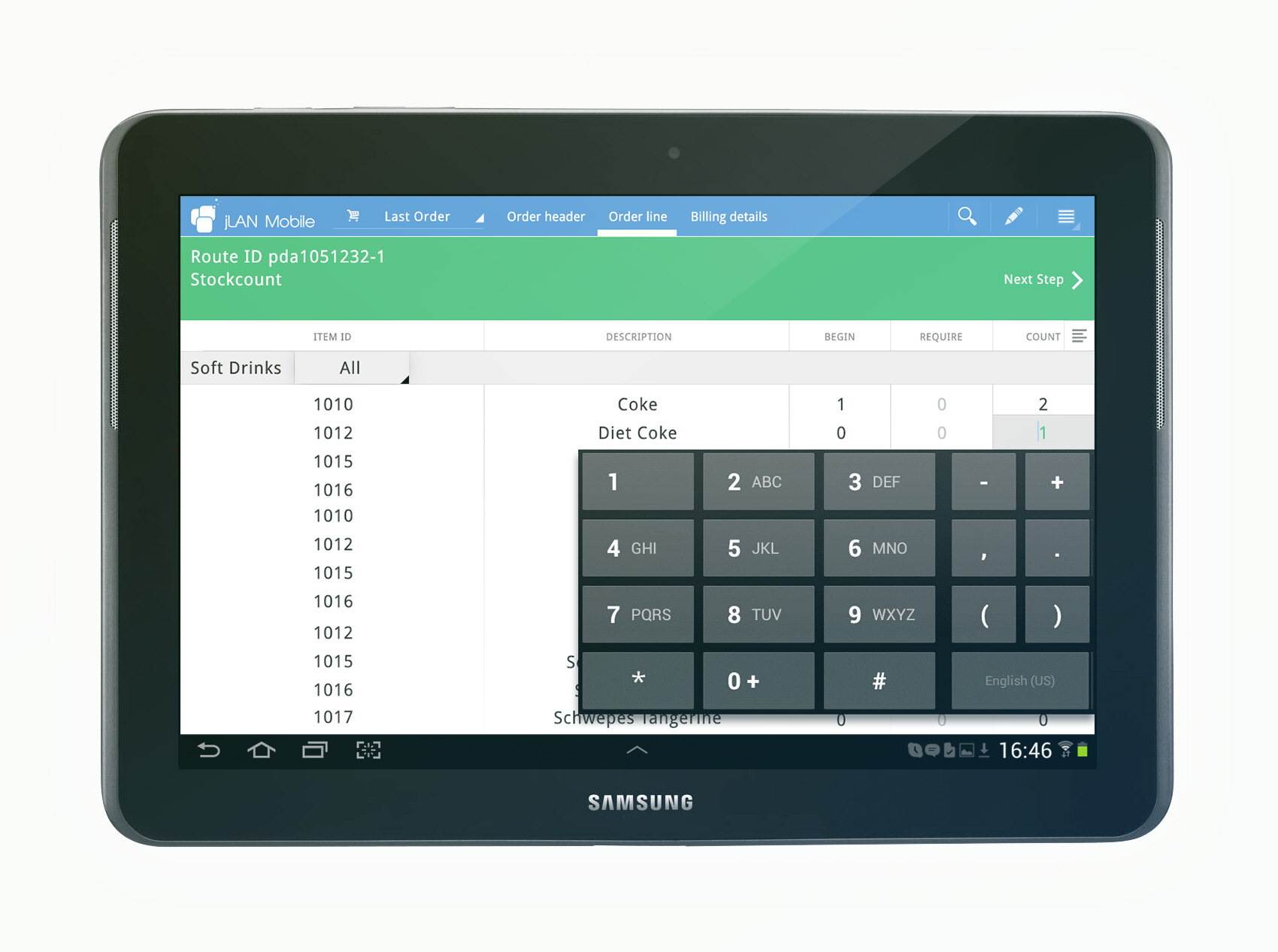 jLan stock count screen with an on-screen number pad for entering inventory counts