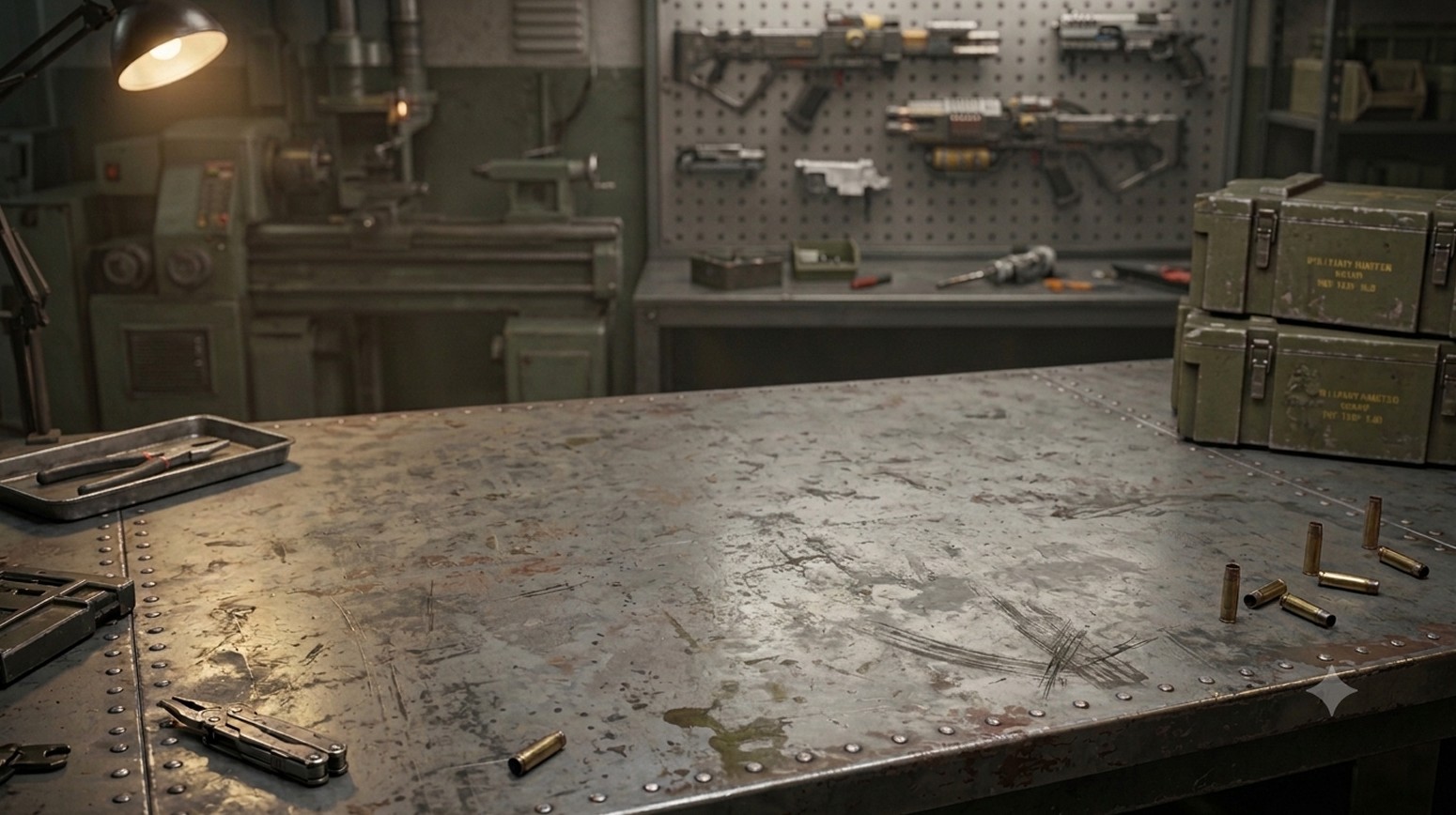 AI-assisted background plate of a weathered workshop table with weapons and ammunition