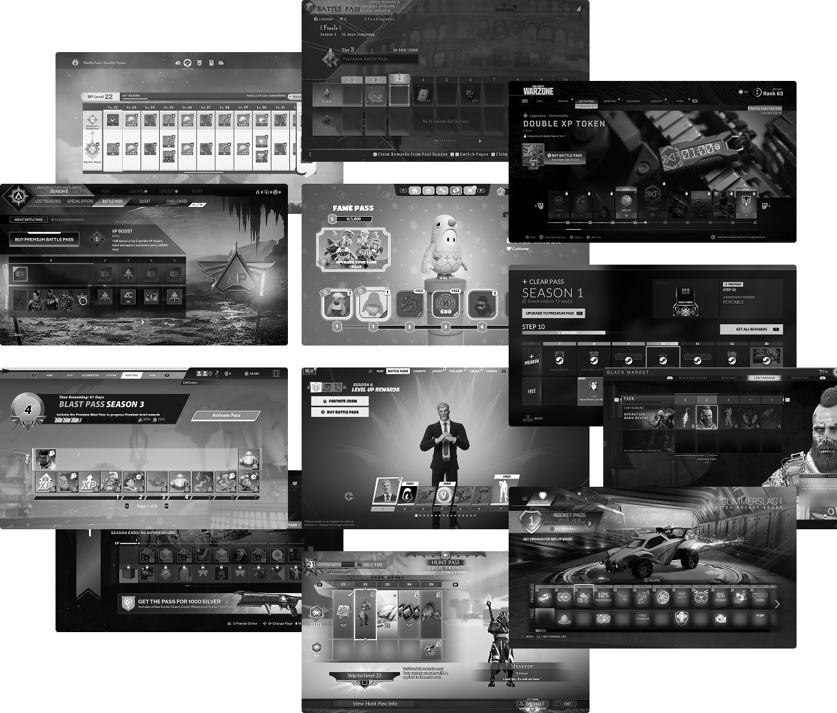 Grid of reference screenshots from a dozen live-service and AAA battle pass UIs audited before starting