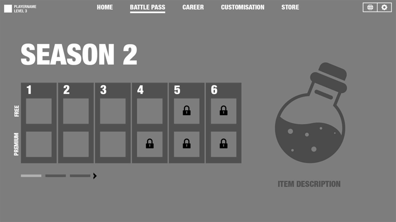 Provided grey-box wireframe for a Season 2 battle pass, six tiers with free and premium rows and several locked slots