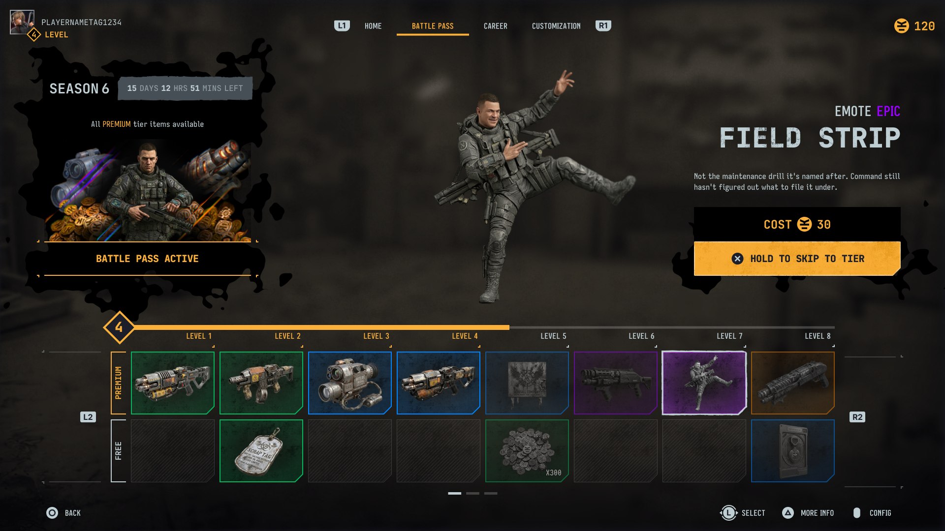 Dual-row battle pass, pass active, a locked future Field Strip emote selected with Hold to Skip to Tier and its cost