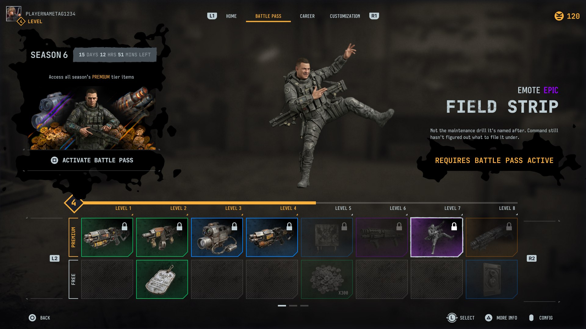 Dual-row battle pass, pass not purchased, locked future emote selected with a Requires Battle Pass Active notice