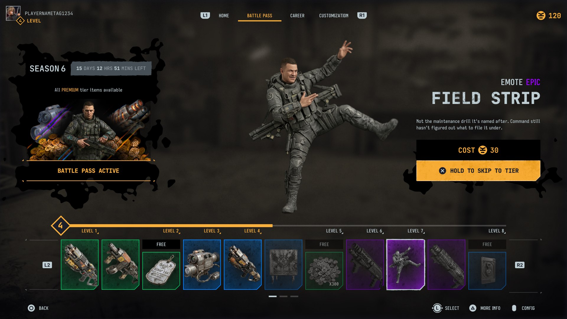 Single-row battle pass, pass active, locked future item selected with Hold to Skip to Tier
