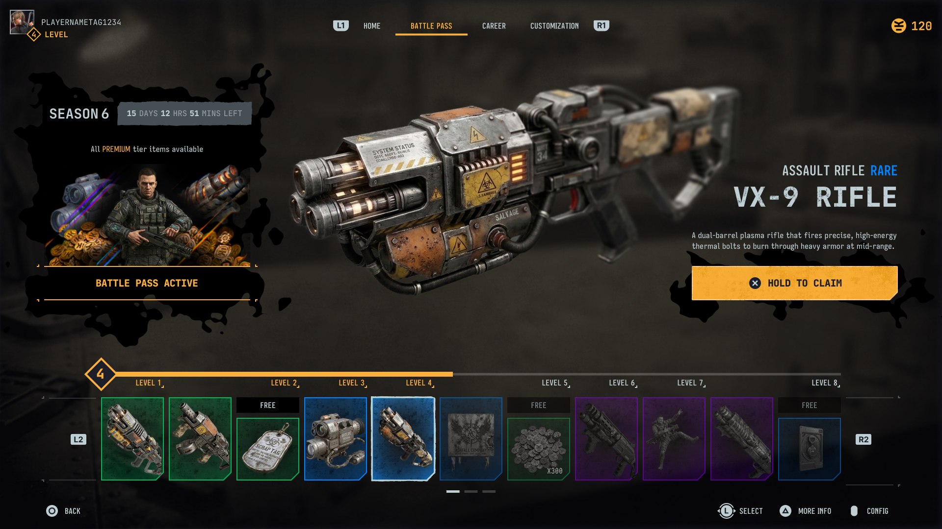 Single-row battle pass layout with one combined reward rail and individual FREE tags