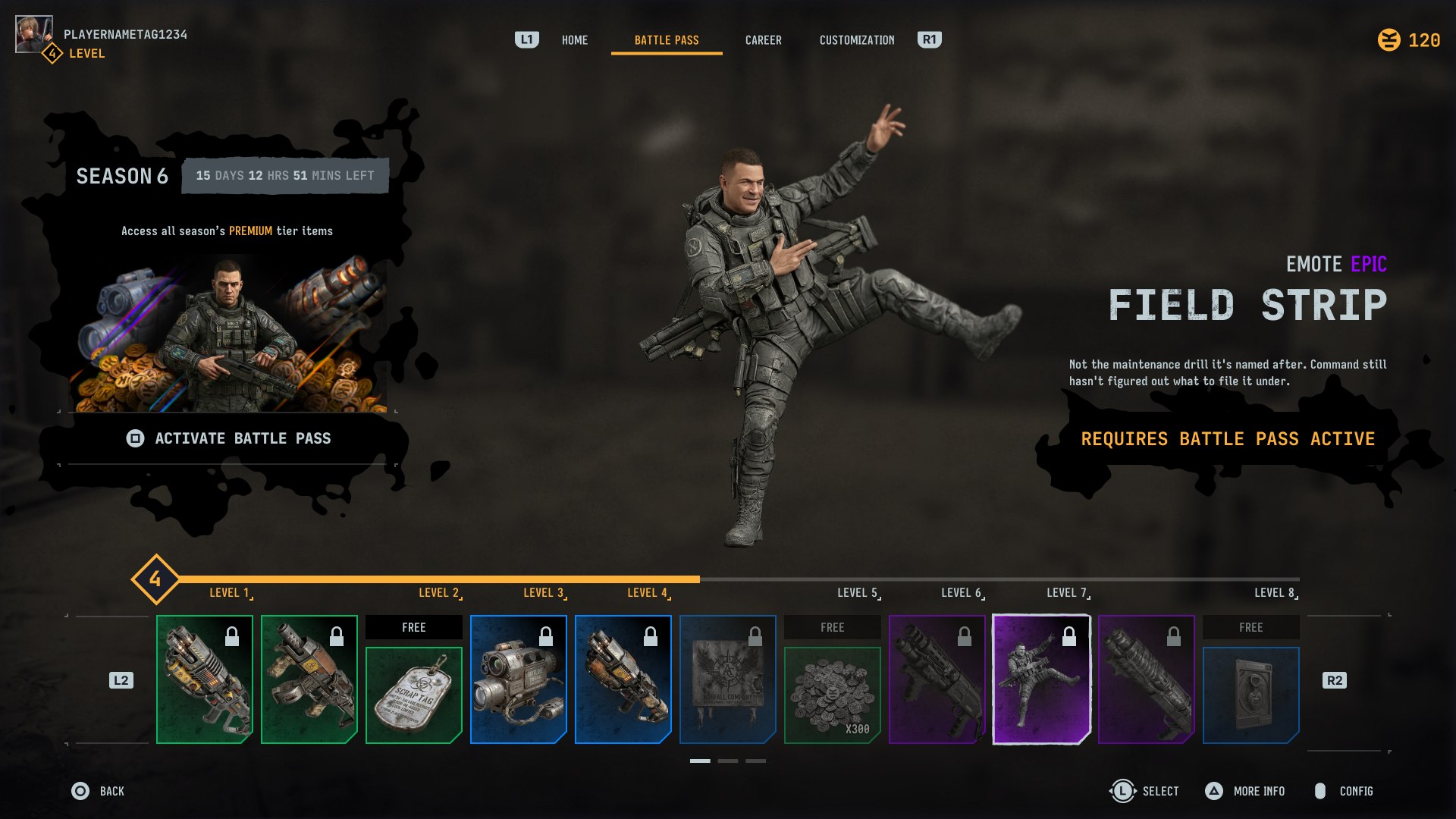 Single-row battle pass, pass not purchased, locked future item selected with a Requires Battle Pass Active notice