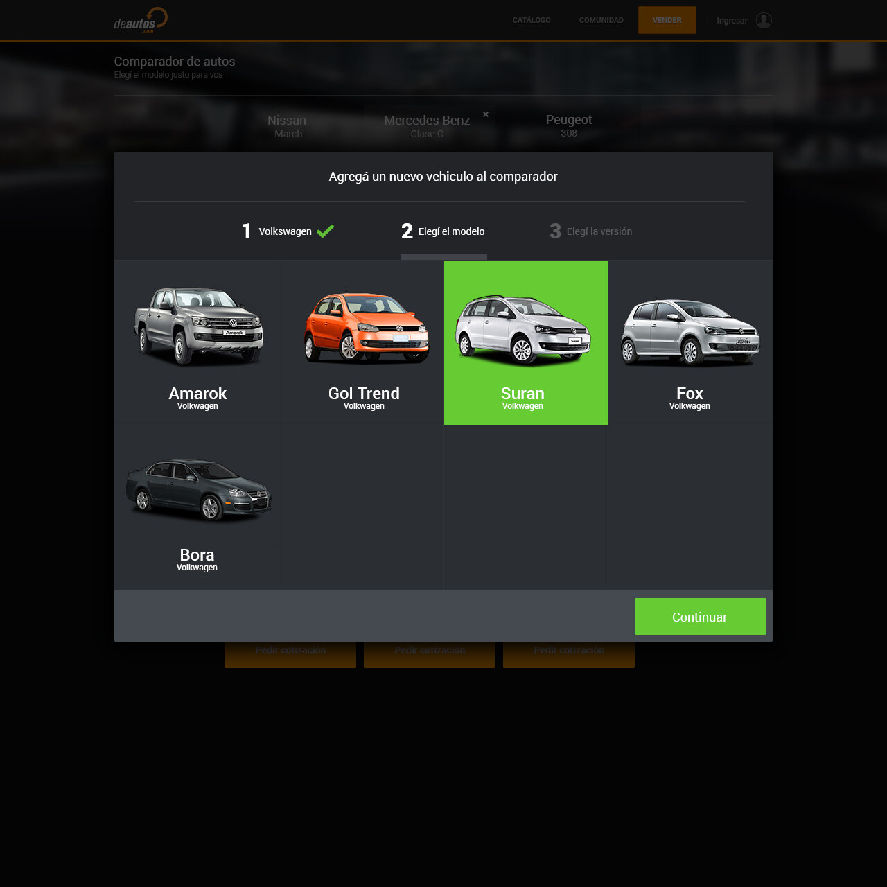 Step 2 of the add-a-car wizard: a list of Volkswagen models