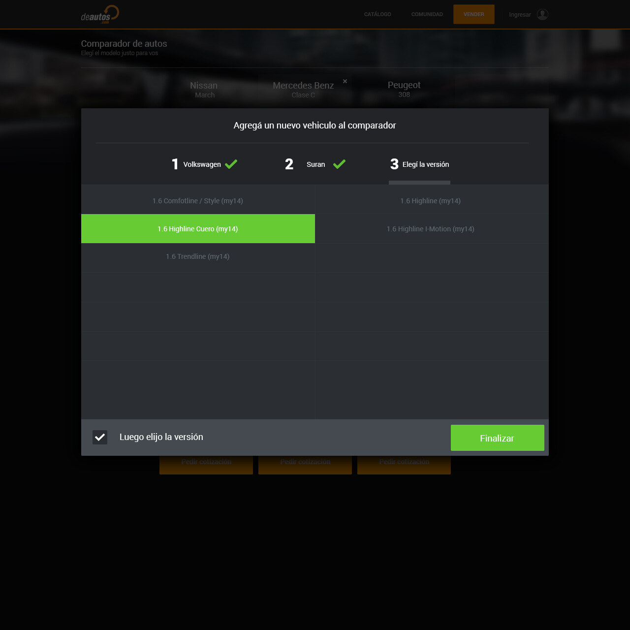 Step 3 of the add-a-car wizard: a list of trim versions with 1.6 Highline Cuero selected