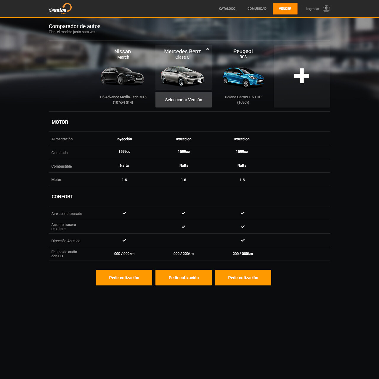 Comparador screen comparing a Nissan March, Mercedes Benz Clase C, and Peugeot 308 side by side, with specs grouped by category