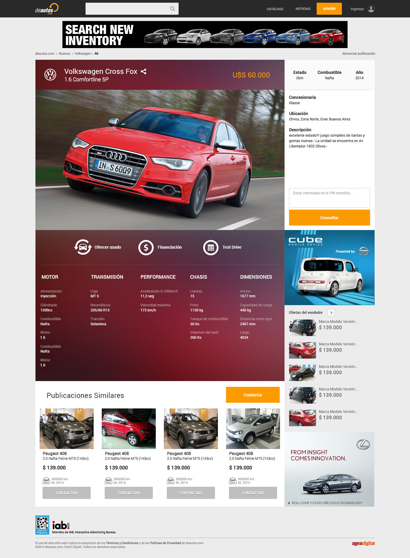 Redesigned VIP listing page for a Volkswagen Cross Fox, with hero photo, price, and seller contact panel