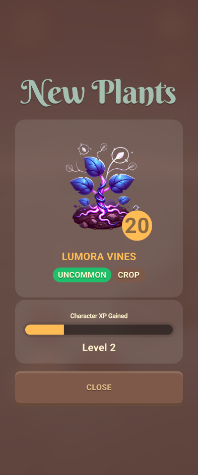 New Plants reward card showing the harvested crop, its rarity, and character XP gained