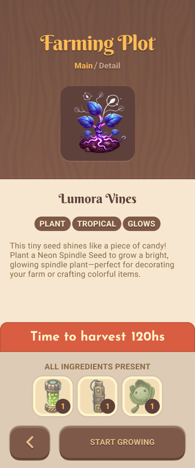 Plant detail screen with description, harvest time, and an ingredients checklist before starting