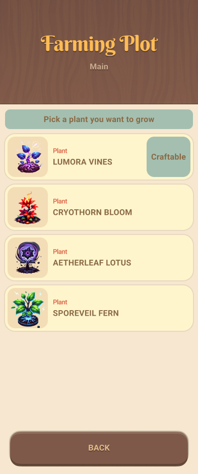 Plant picker listing four plants, one marked as craftable