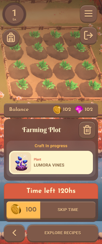 Farming plot overview with a craft-in-progress panel showing time left and a skip-time option