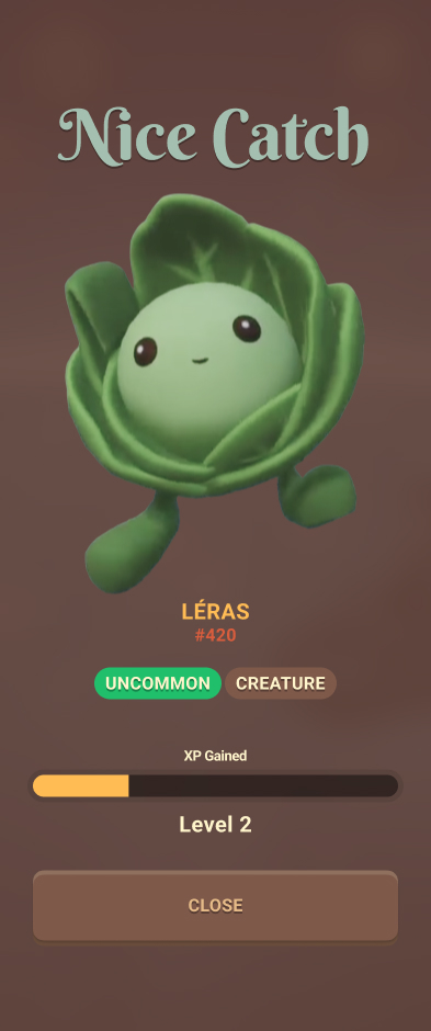 Nice Catch reward card showing a caught pet, its rarity, and XP gained