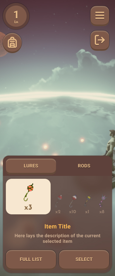 Lure picker with quantity counts and a selected item preview
