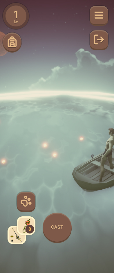 Fishing scene from a boat with lure and rod shortcuts above a single Cast button