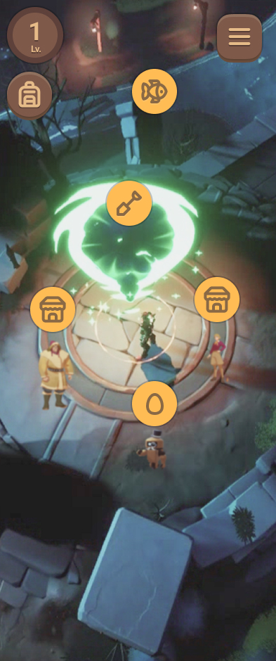 Mobile world HUD with level badge, backpack, support screen shortcuts, and a glowing central portal