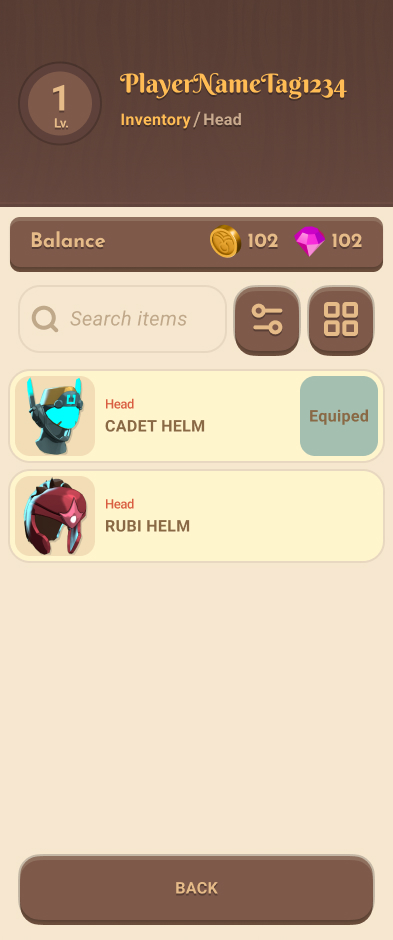 Head armor list with Cadet Helm equipped and Rubi Helm available