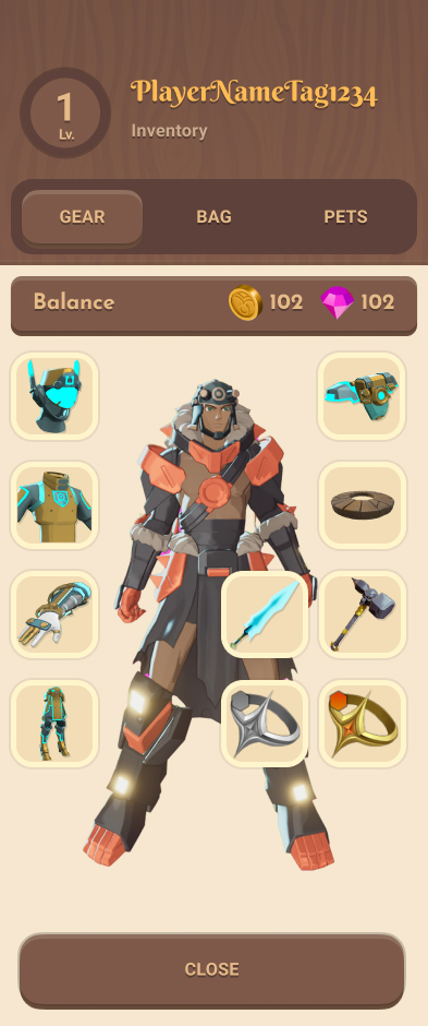 Equipment paperdoll with head, chest, gloves, legs, shoulders, weapon, and two ring slots