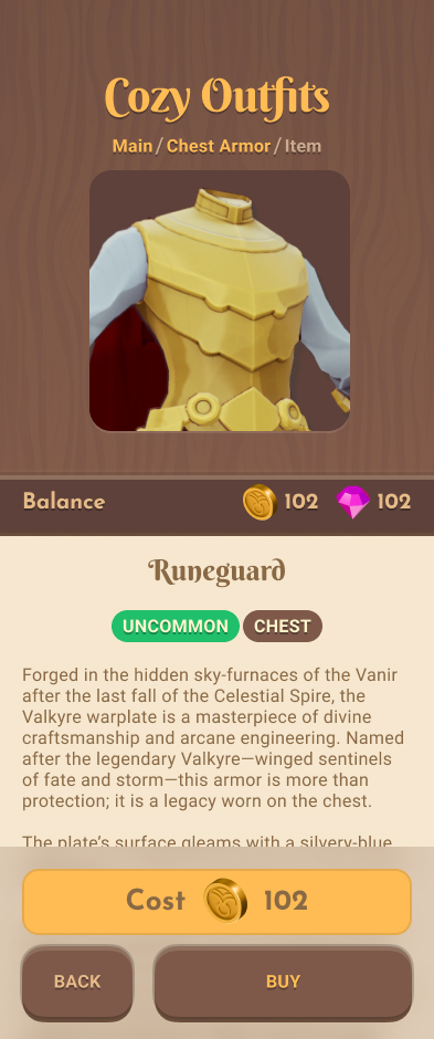 Chest armor item detail with lore text, cost, and Buy button
