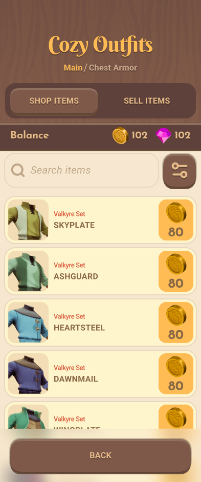 Chest armor list with item names, set names, and gold prices