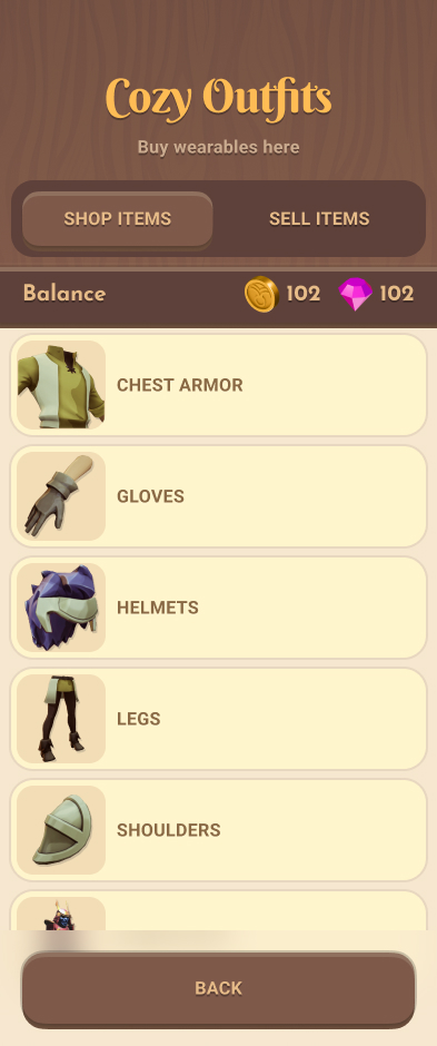Cozy Outfits shop with categories for chest armor, gloves, helmets, legs, shoulders, and armor sets