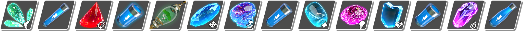 Row of hand-modeled potion and gem icons, set A