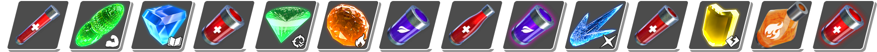 Row of hand-modeled potion and gem icons, set B