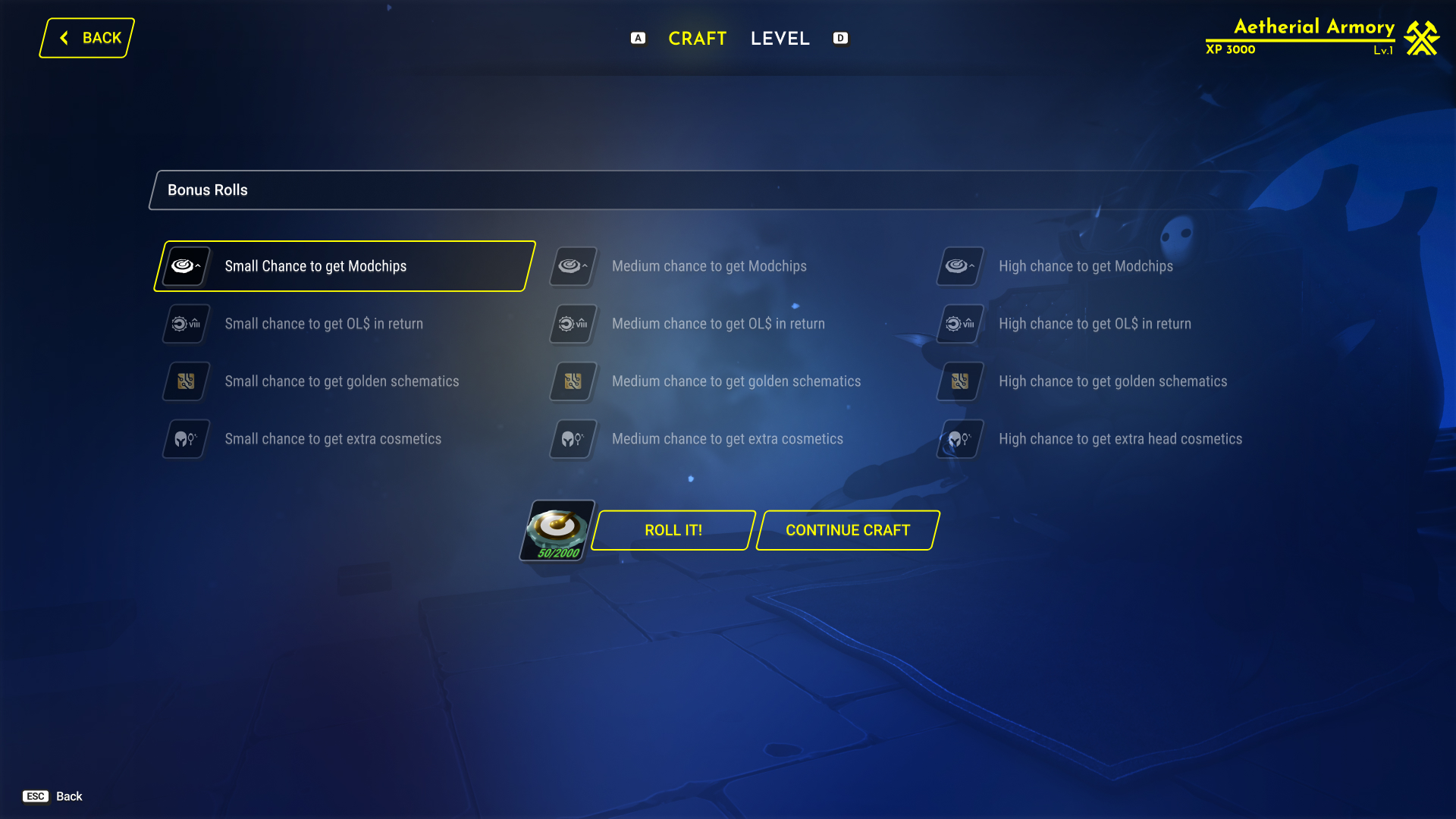 Bonus rolls screen with small, medium, and high tiers for modchips, currency, schematics, and cosmetics