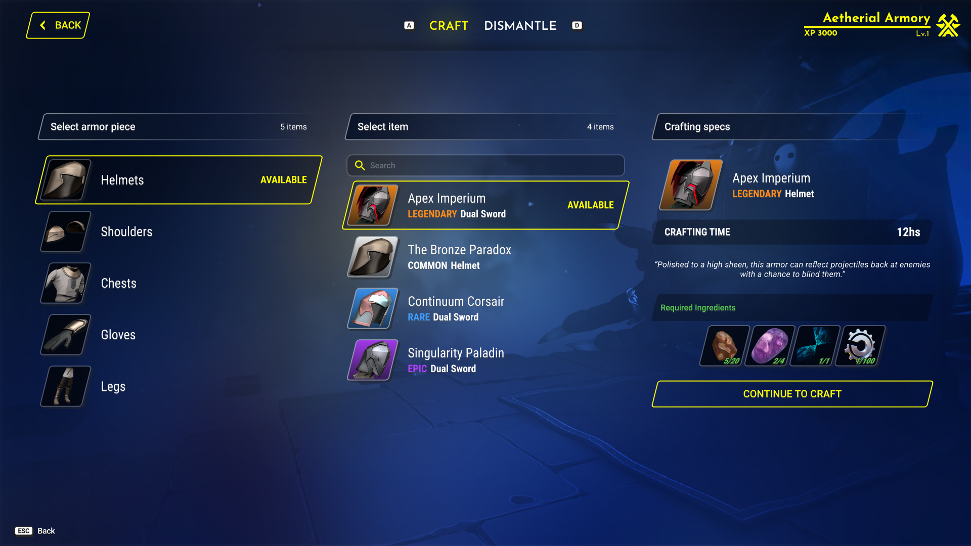 Crafting specs screen showing ingredients and a continue to craft button