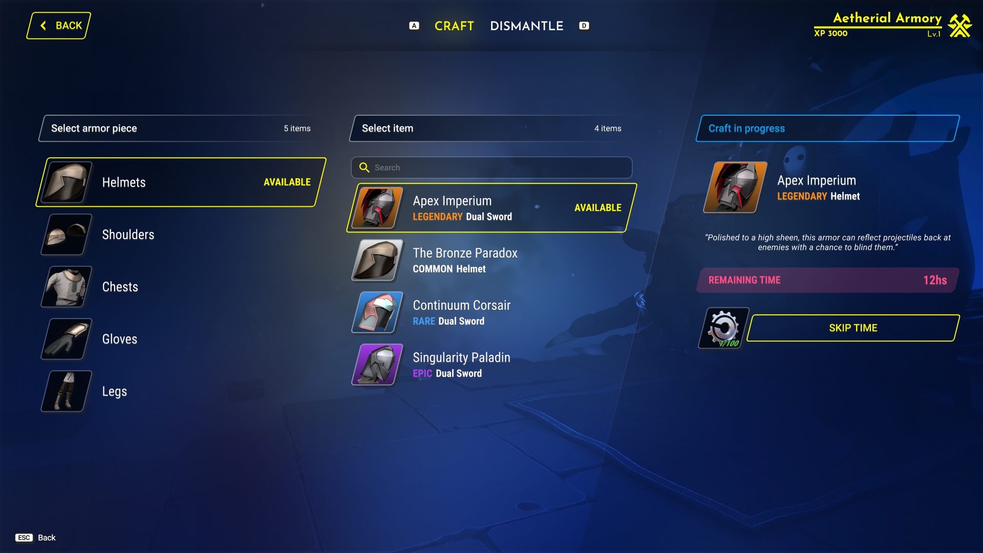 Craft in progress screen with remaining time and skip time option