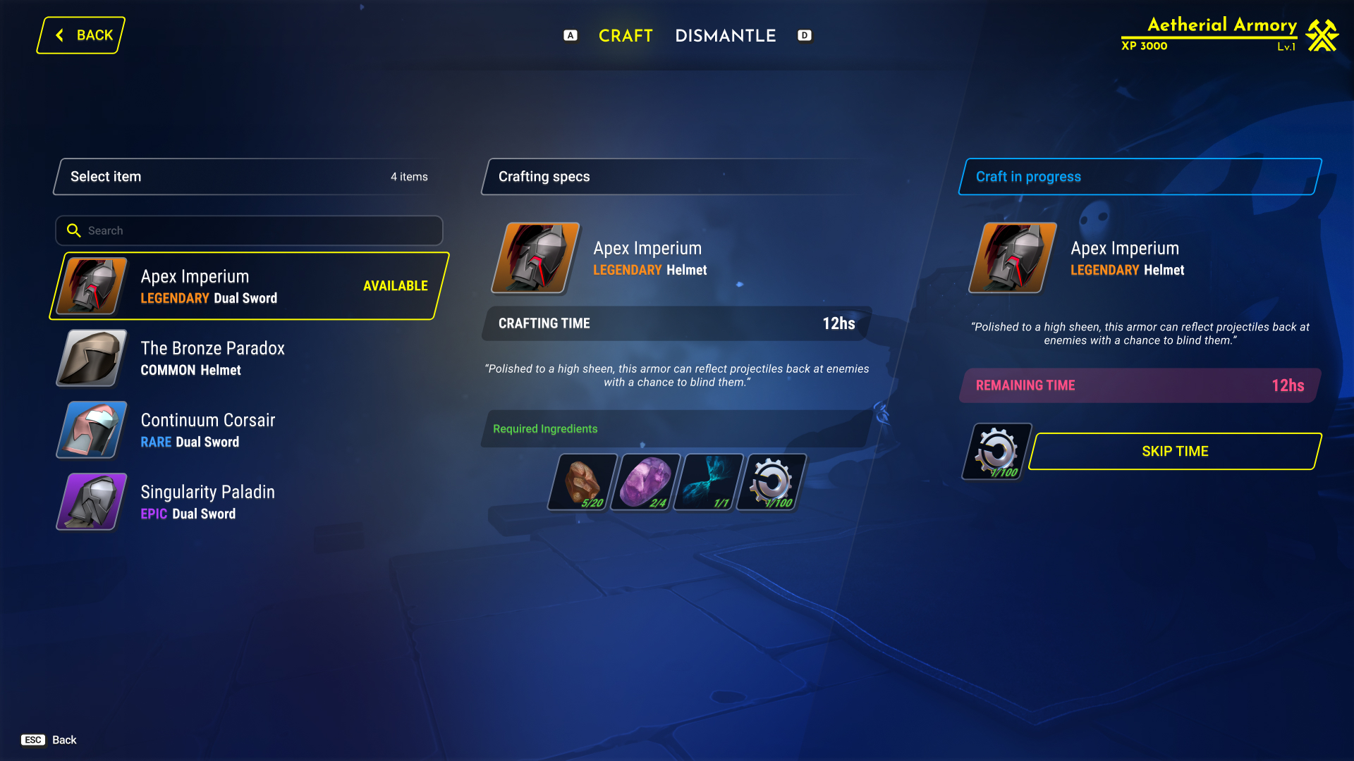 Craft in progress alternate view with item flavor text