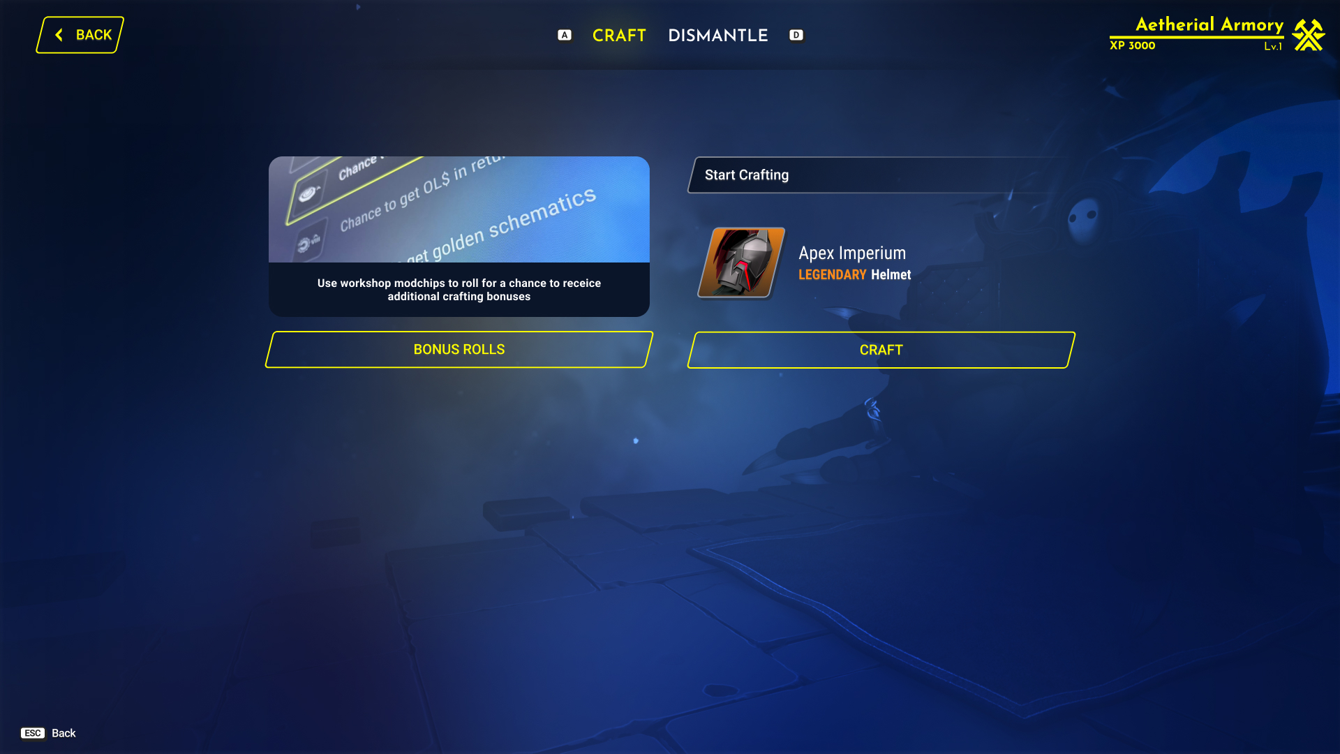 Armor piece and item selection screen in the Armory