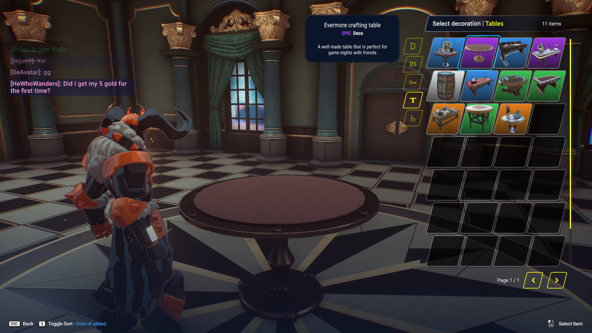 Decoration inventory panel expanded over the game world