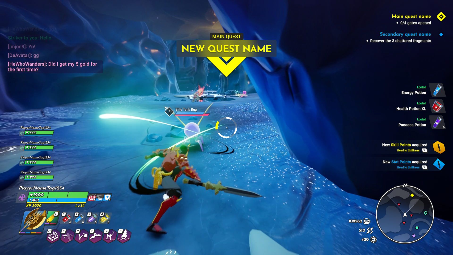 Full HUD with party UI, notifications, item pickups, combo UI, and enemy health bars
