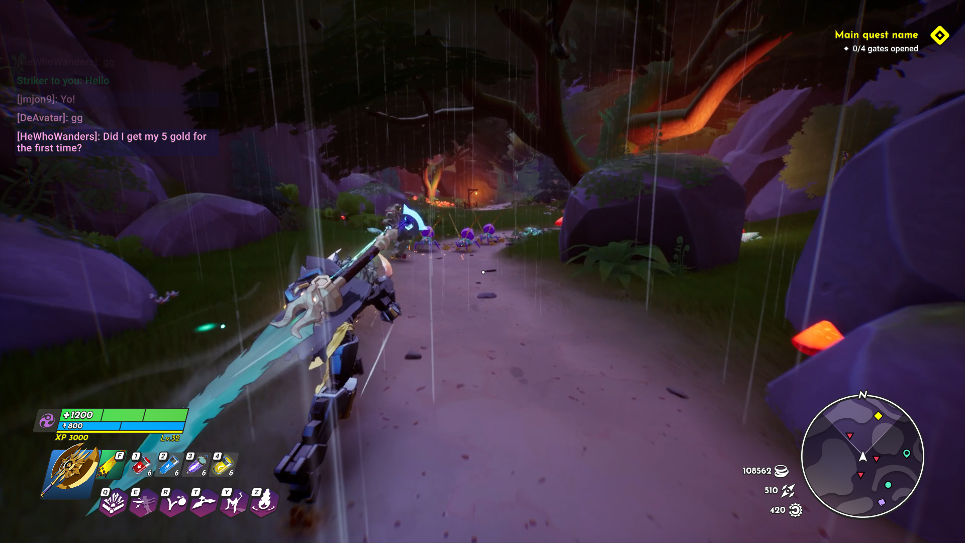 Simple HUD with chat, health, weapon swap, consumables, hotbar, quest tracker, map, and currencies
