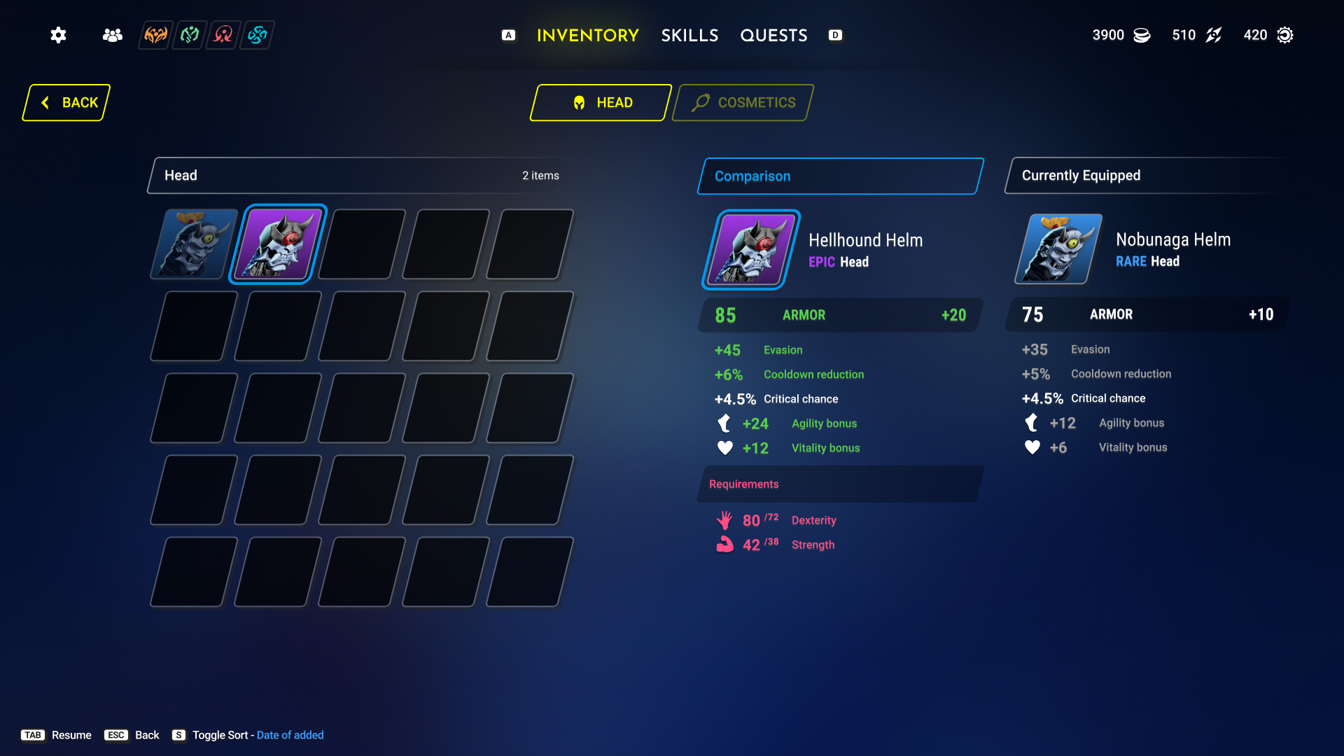 Head armor comparison screen