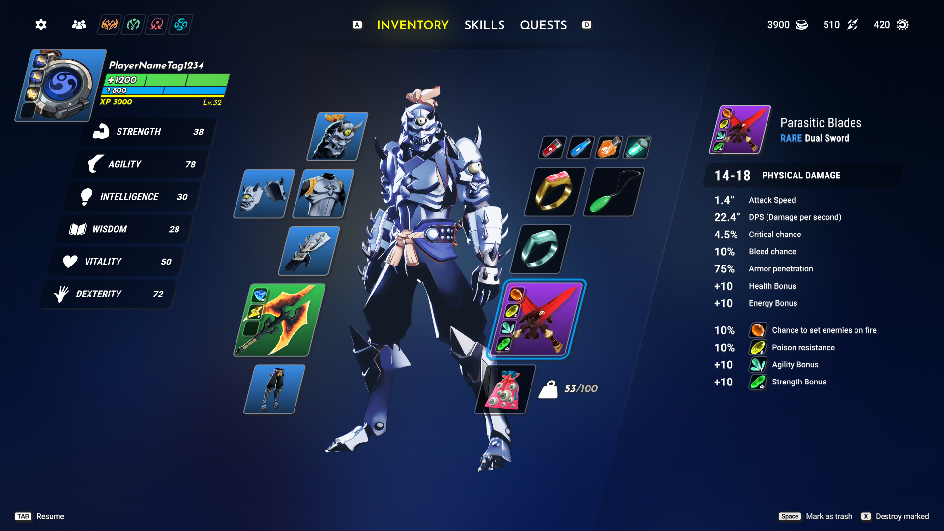 Main character equipment screen with stat panel and equipped item slots