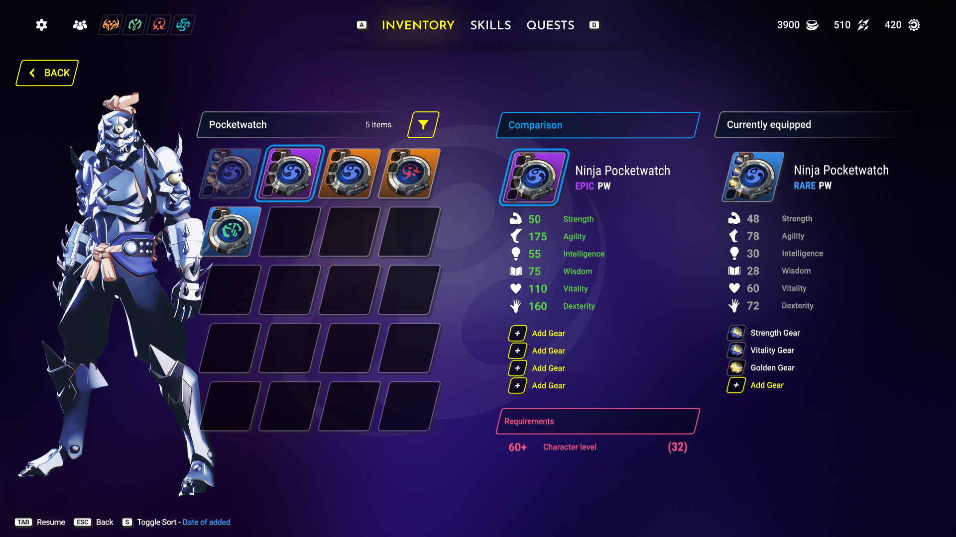 Pocketwatch selection screen comparing an equipped rare watch to an epic alternative