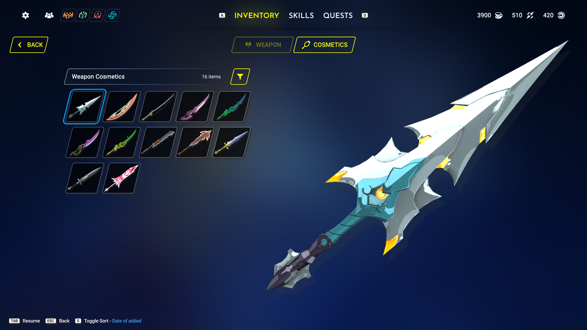 Weapon cosmetics grid with large weapon preview