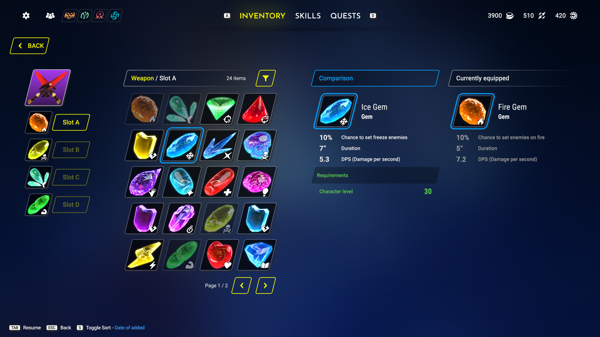 Weapon gem socketing screen comparing an Ice Gem to an equipped Fire Gem