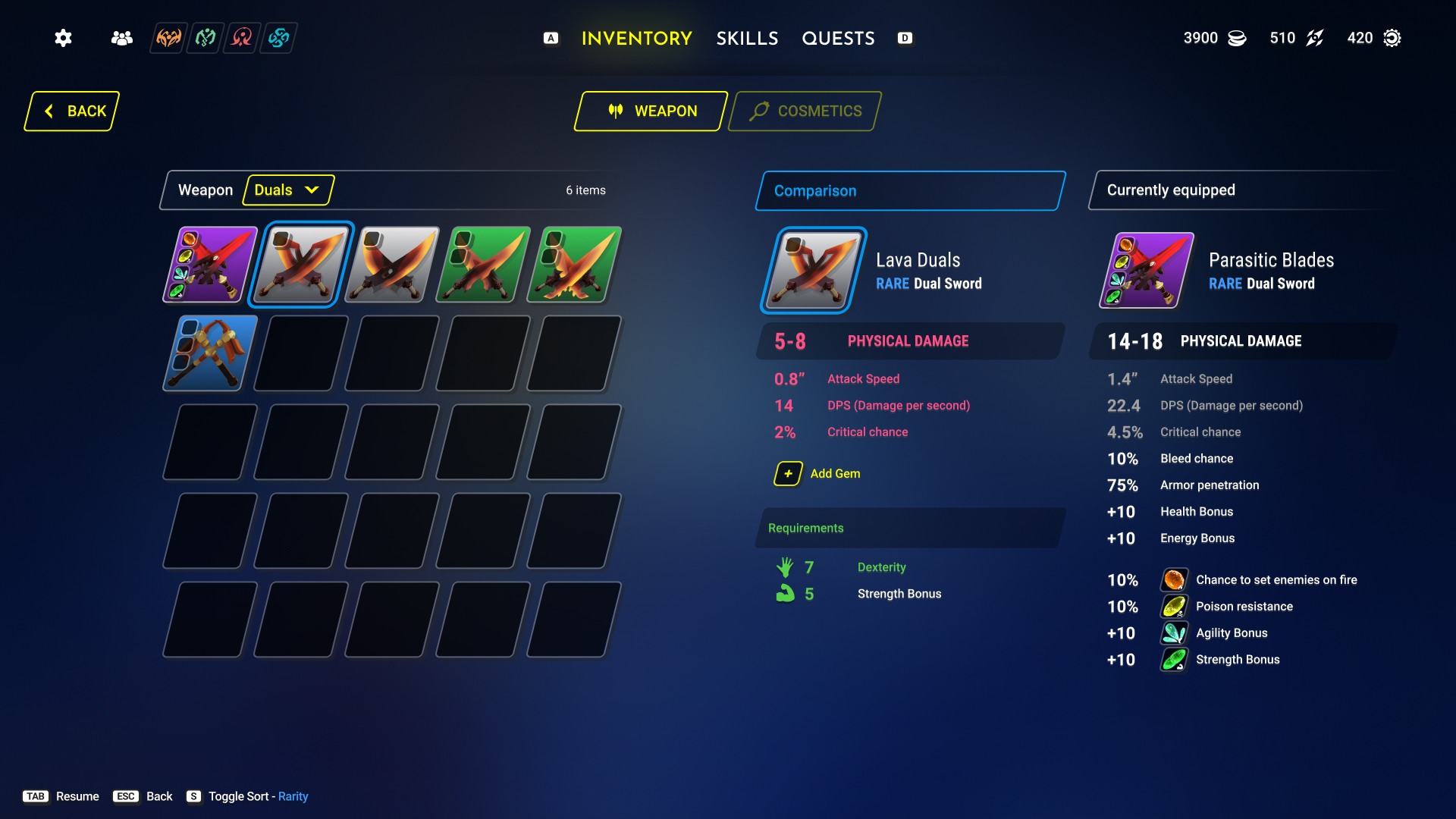 Weapon selection filtered to dual swords