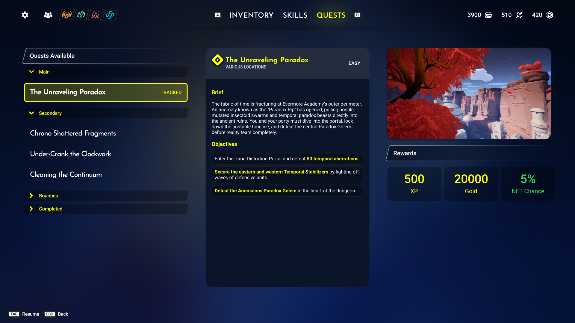 Quest log showing brief, objectives, and reward breakdown for a tracked main quest