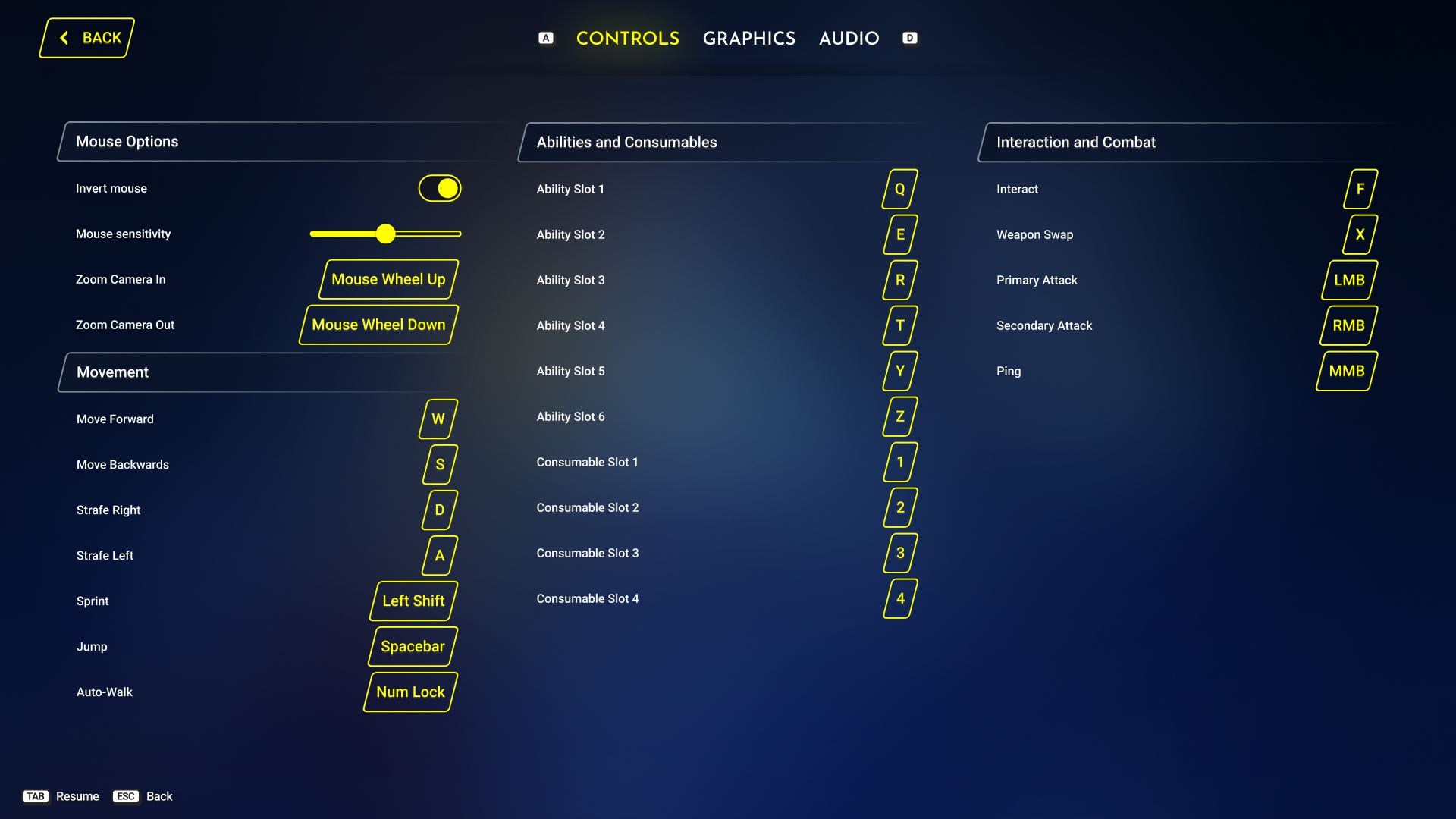 Rebindable controls screen grouped by mouse options, movement, abilities, and combat