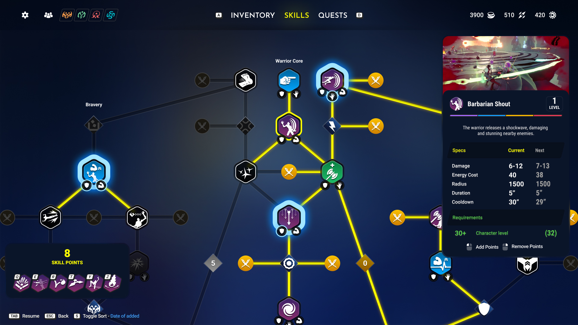 Branching skill tree with a selected skill's specs and level requirement shown