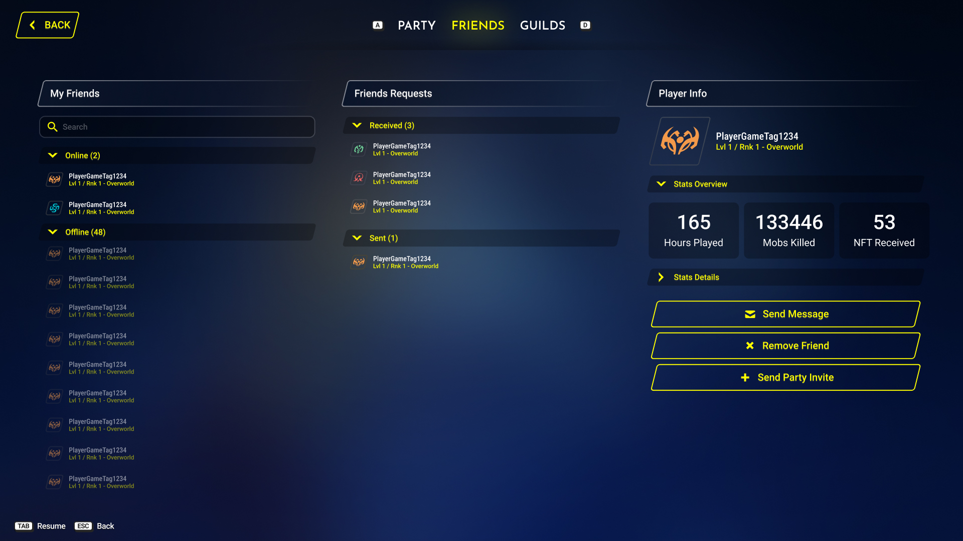 Friends list with online and offline groupings and a player stat overview panel